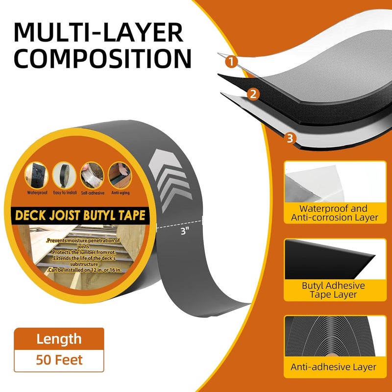 JOAPRIL Joist Tape 3" x 50', 2pack Self-Adhesive Deck Joist Flashing Tape for Hardwood, Thermal Wood, PVC, Pressure Treated, and Composite Decking - Image 2